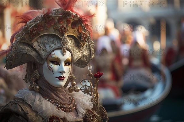 A person adorned in a richly detailed and colorful carnival costume, complete with an elaborate mask, participates in the iconic Venice Carnival, AI generated