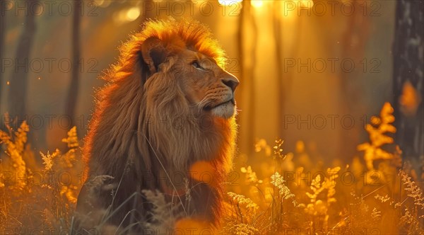 Profile of a tranquil lion in golden dawn light, ai generated, AI generated