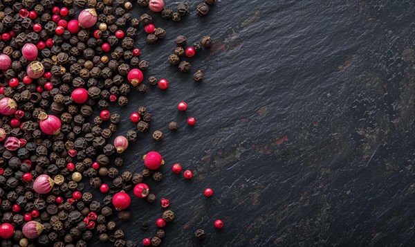 Black, red and white peppercorns on dark stone background. Space for text AI generated