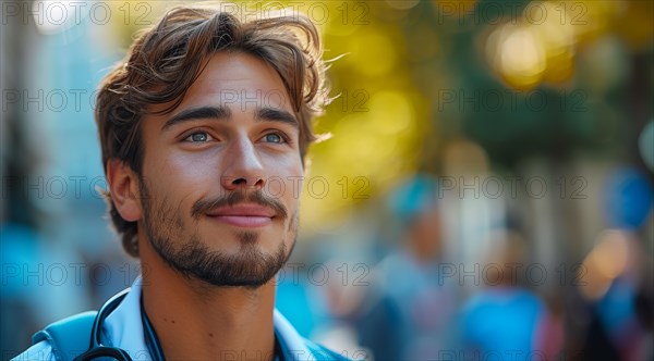 Outdoor portrait of a young doctor with a stethoscope around his neck in a clinical setting, ai generated, AI generated