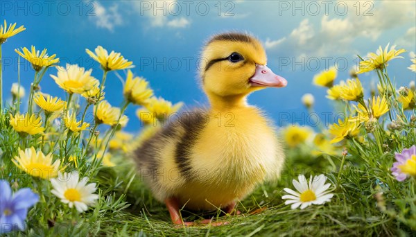 KI generated, animal, animals, bird, birds, biotope, habitat, one, single animal, foraging, wildlife, duck, ducks, domestic duck, female, (Anas platyrhynchos) white, white, yellow ducklings, young animals, animal children, two, three, four, white duck mother with yellow chicks, excursion, water, meadow, grass, spring, summer, flowers, pond, swimming, sitting, farm animal, domestic animal