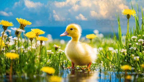 KI generated, animal, animals, bird, birds, biotope, habitat, one, single animal, foraging, wildlife, duck, ducks, domestic duck, female, (Anas platyrhynchos) white, white, yellow ducklings, young animals, animal children, two, three, four, white duck mother with yellow chicks, excursion, water, meadow, grass, spring, summer, flowers, pond, swimming, sitting, farm animal, domestic animal