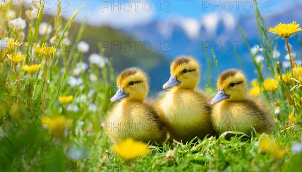 KI generated, animal, animals, bird, birds, biotope, habitat, one, single animal, foraging, wildlife, duck, ducks, domestic duck, female, (Anas platyrhynchos) white, white, yellow ducklings, young animals, animal children, two, three, four, white duck mother with yellow chicks, excursion, water, meadow, grass, spring, summer, flowers, pond, swimming, sitting, farm animal, domestic animal