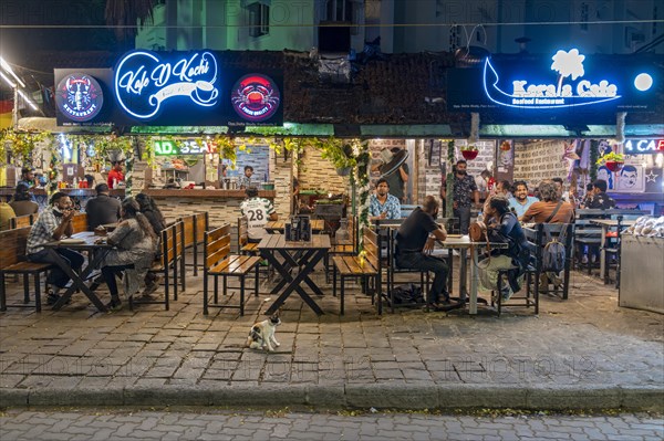 Diners enjoy a lively evening at a street-side restaurant on Tower Road, Fort Kochi, Cochin, Kerala, India, Asia