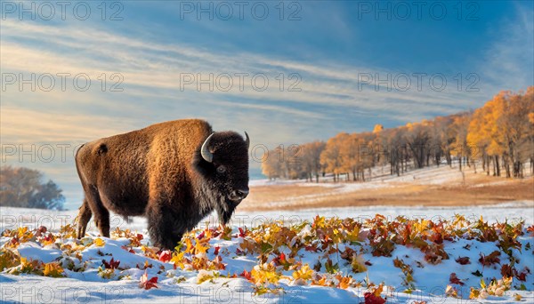 AI generated, animal, animals, mammal, mammals, biotope, habitat, one, individual, foraging, wildlife, bison, North America, Buffalo, wild cattle, (Bison bonasus), autumn, autumn leaves, early winter, snow