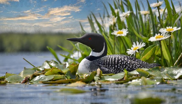 Ai generated, animal, animals, bird, birds, biotope, habitat, a, individual, swims, waters, breeds, nest, reeds, water lilies, blue sky, foraging, wildlife, summer, seasons, loon, (Gavia immer), tundra, Greenland, Iceland, Canada, loon, winters on the coasts of Europe, North America