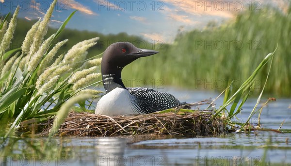 Ai generated, animal, animals, bird, birds, biotope, habitat, a, individual, swims, waters, breeds, nest, reeds, water lilies, blue sky, foraging, wildlife, summer, seasons, loon, (Gavia immer), tundra, Greenland, Iceland, Canada, loon, winters on the coasts of Europe, North America