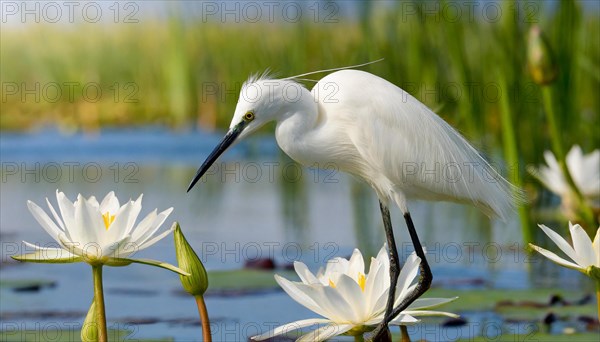 Ai generated, animal, animals, bird, birds, biotope, habitat, a, individual, swims, waters, reeds, water lilies, blue sky, foraging, wildlife, summer, seasons, little egret (Egretta garzetta)