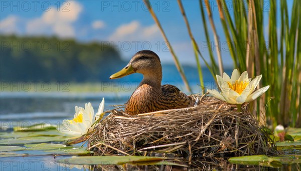 Ai generated, animal, animals, bird, birds, biotope, habitat, a, individual, swims, waters, reeds, water lilies, blue sky, foraging, wildlife, summer, seasons, mallard, female, female, broods, nest, (Anas platyrhynchos, swimmer, family of geese)