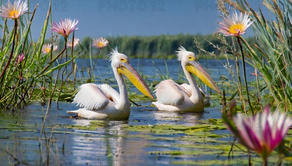 KI generated, animal, animals, bird, birds, biotope, habitat, two, swim, waters, reeds, water lilies, blue sky, foraging, wildlife, summer, seasons, dalmatian pelican (Pelecanus crispus)