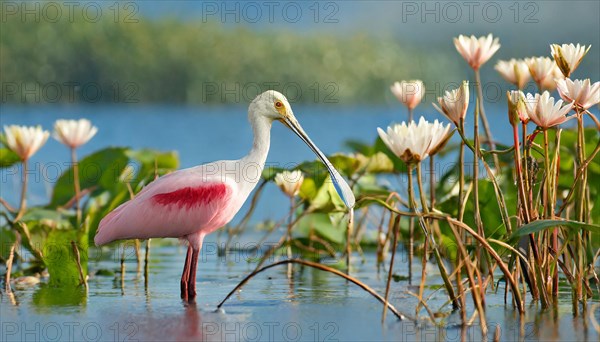 Ai generated, animal, animals, bird, birds, biotope, habitat, one, individual, swims, waters, reeds, water lilies, blue sky, foraging, wildlife, summer, seasons, spoonbill, roseate spoonbill, (Platalea ajaja, Syn: Ajaja ajaja), occurrence: Texas and Louisiana