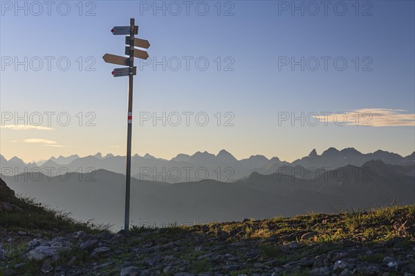 Signpost in front of mountains, hiking trail, summer, morning light, Hoher Ifen, Allgaeu Alps, Allgaeu, Germany, Europe