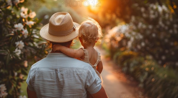A parent seen from the back carrying a child on a nature walk during a sunlit afternoon, ai generated, AI generated