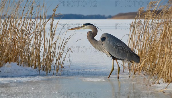 KI generated, animal, animals, bird, birds, biotope, habitat, one, individual, water, reed, winter, snow, blue sky, foraging, wildlife, seasons, heron, little blue heron (Egretta caerulea), Florida, Mexico, ice, Central America