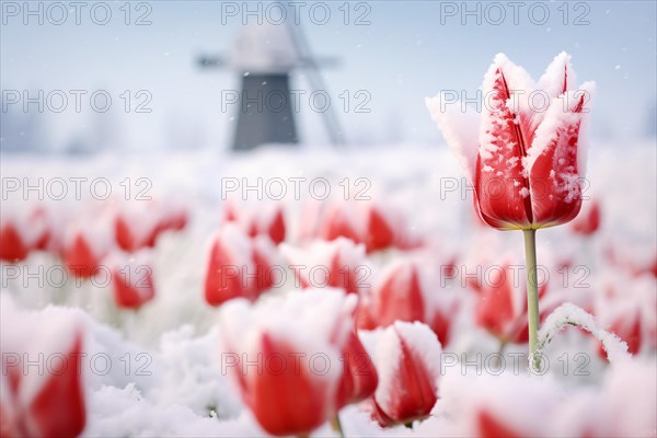 Red tulip flowers covered in snow with Dutch windmill in background. KI generiert, generiert AI generated