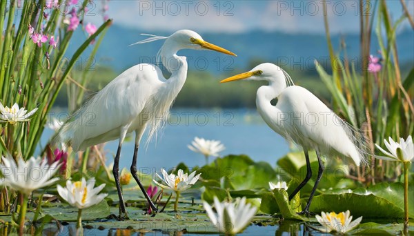 KI generated, animal, animals, bird, birds, biotope, habitat, two, waters, reeds, water lilies, blue sky, foraging, wildlife, summer, seasons, cattle egret (Bubulcus ibis)