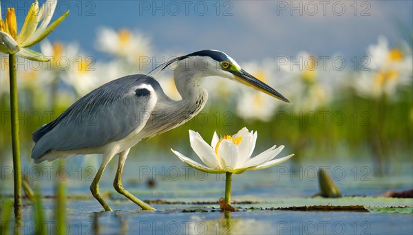 KI generated, animal, animals, bird, birds, biotope, habitat, one, individual, water, reed, winter, snow, blue sky, foraging, wildlife, seasons, heron, little blue heron (Egretta caerulea), Florida, Mexico, Central America