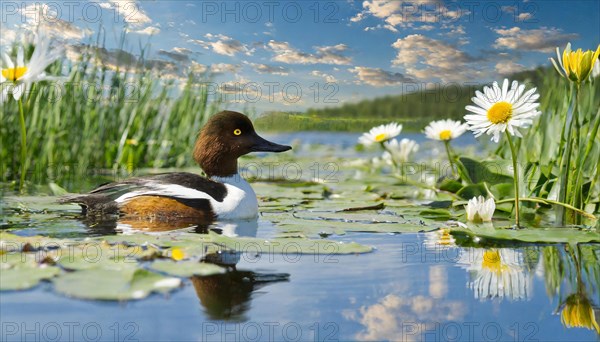 KI generated, animal, animals, bird, birds, biotope, habitat, a, individual, swims, water, reeds, water lilies, blue sky, foraging, wildlife, summer, seasons, northern shoveler (Spatula clypeata), female