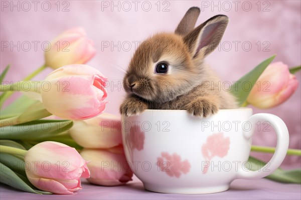 Cute tiny baby easter bunny in tea cup with tulip spring flowers. KI generiert, generiert AI generated