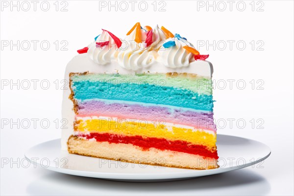 Rainbow colored layered slice of cake on plate. KI generiert, generiert AI generated