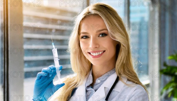 AI generated, RF, woman, woman, doctor, female doctor, 25, 30, years, attractive, attractive, doctor's office, holds a syringe in her hand, disposable syringe, flu shot, corona, pneumococcal, prevention, health, blonde, blonde, beautiful teeth, long hair