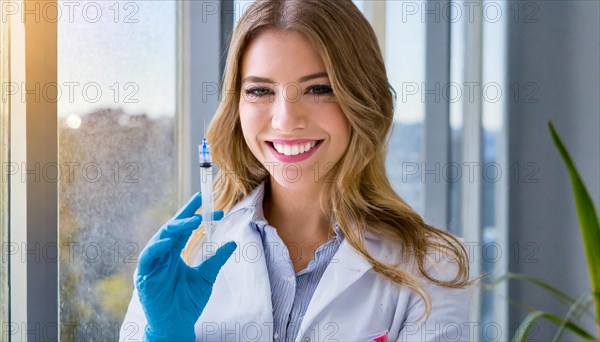 AI generated, RF, woman, woman, doctor, female doctor, 25, 30, years, attractive, attractive, doctor's office, holds a syringe in her hand, disposable syringe, flu shot, corona, pneumococcal, prevention, health, blonde, blonde, beautiful teeth, long hair