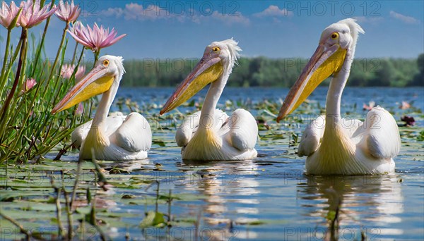 KI generated, animal, animals, bird, birds, biotope, habitat, three, swim, waters, reeds, water lilies, blue sky, foraging, wildlife, summer, seasons, dalmatian pelican (Pelecanus crispus)