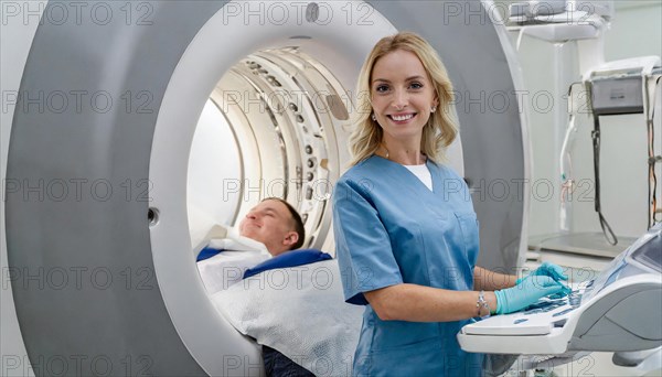 AI generated, RF, woman, woman, doctor, doctors, female doctor, 30, 35, years, attractive, attractive, doctor's office, CT, scan, computer tomography, computer tomography, preventive care, health, smiles, beautiful teeth, generates a three-dimensional X-ray image, modern X-ray machine, X-rays, X-ray image, AI generated