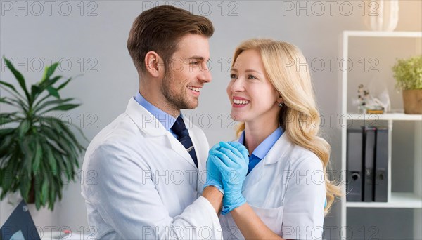 AI generated, RF, woman, woman, man, men, doctor, female doctor, two, 30-35, years, attractive, attractive, doctor's office, hold, hand, in love, love, affection, tenderness, blond, blonde, blonde, beautiful teeth, long hair, two people, lovers, bearded, AI generated