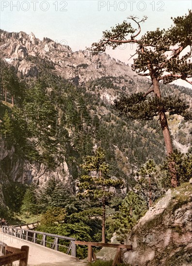 Entrance to Hoellental in Lower Austria, a narrow valley crossed by the Schwarza river between the steep limestone massifs of Schneeberg and Rax, Austria, around 1890, Historic, digitally restored reproduction from a 19th century original, Europe