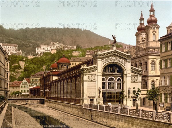 The Bubbling Fountain Colonnade, Karlovy Vary, Czech Republic, c. 1890, Historic, digitally restored reproduction from a 19th century original The Bubbling Fountain Colonnade, Karlovy Vary, Czech Republic, c. 1890, Historic, digitally restored reproduction from a 19th century original, Europe