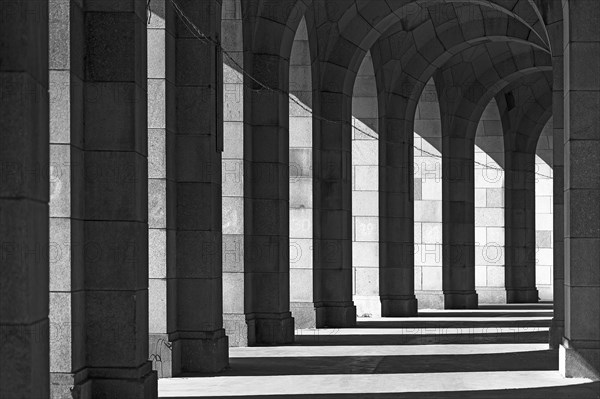 Light and shadow in the arcade of the Congress Hall, unfinished monumental building of the National Socialists on the former Nazi Party Rally Grounds, 1933-1945, Nuremberg, Middle Franconia Bavaria, Germany, Europe