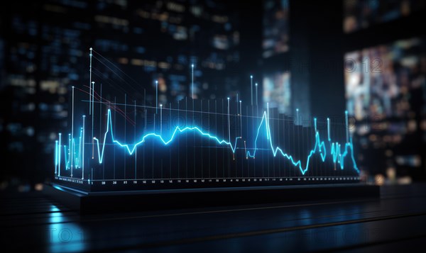 Cityscape with financial charts on a dark background AI generated