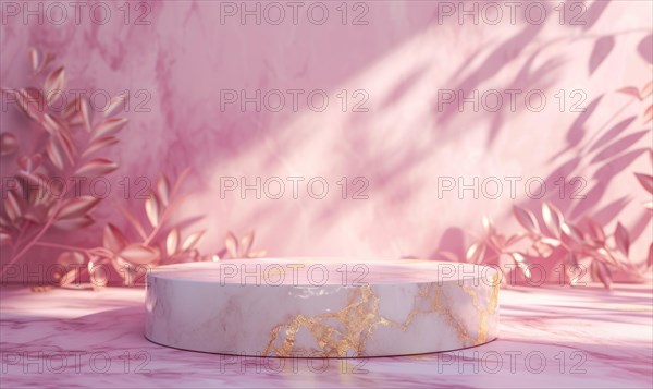 Pink marble podium with shadow of leaves and rose quartz texture background AI generated