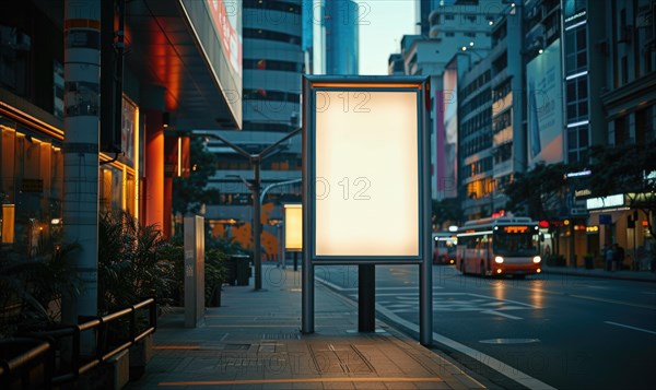 Blank street billboard on city street. Mock up of vertical advertising stand in the street AI generated