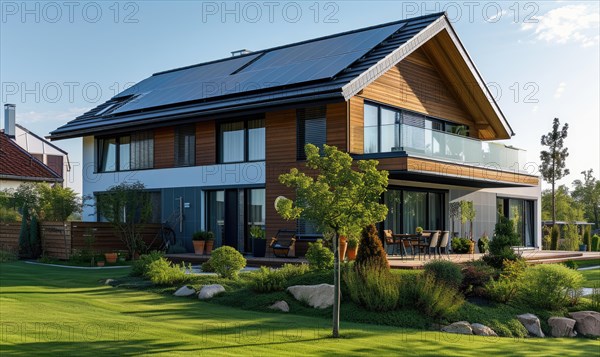 Modern house with solar panels installed on the roof. Modern house with solar panels installed on the roof AI generated