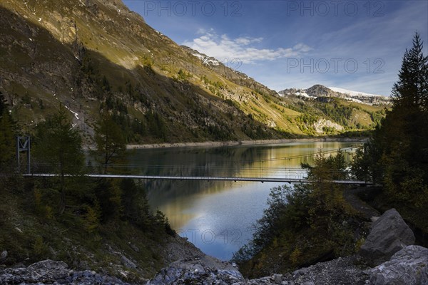 Suspension bridge at Lac Tseuzier reservoir, lake, mountain lake, landscape, autumnal, summery, mountains, courage, fear of heights, mountain lake, reflection, travel, tourism, hiking holiday, holiday, outdoor, idyll, idyllic, climate, hike, nature, natural landscape, Valais, Switzerland, Europe