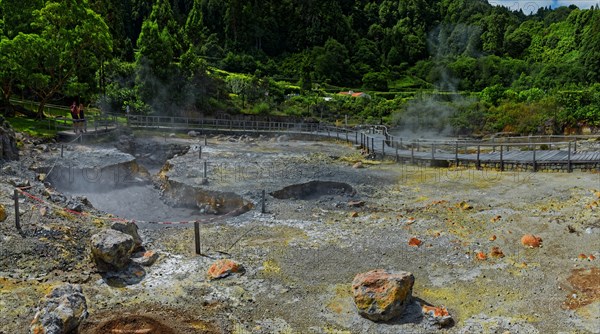 Geothermal activity with steaming mud holes and rock formations in an impressive landscape, Fumarolas Lagoa das Furnas, Furnas, Sao Miguel, Azores, Portugal, Europe