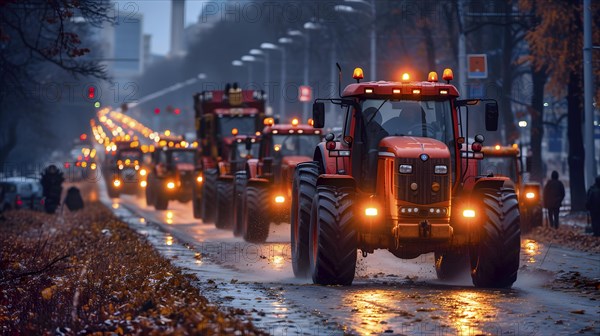 The road full of moving tractors taking part in a demonstration of farmers, AI generated, AI generated