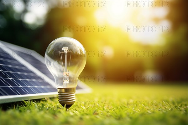 Electric light bulb and solar panel on grass with sun in background. KI generiert, generiert AI generated