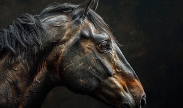 Side profile of a horse with a dark backdrop accentuating its features AI generated