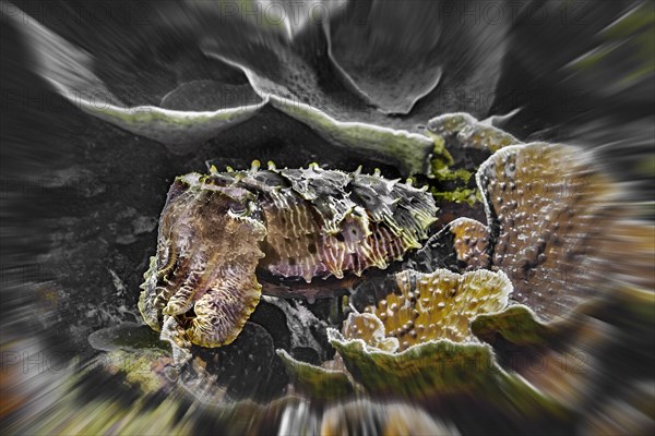 Zoom effect, broadclub cuttlefish (Sepia latimanus), Wakatobi Dive Resort, Sulawesi, Indonesia, Asia