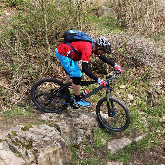 Mountain biker in difficult terrain in the Palatinate Forest near Wolfsburg