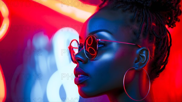 Side profile of a woman with eye-catching earrings and glasses, emphasised by high-contrast artificial light in a nightclub, AI generated, AI generated