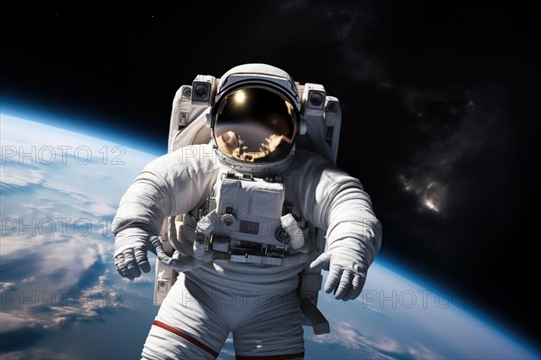 Astronaut Floating Above Earth in Space with extravehicular mobility unit and backpack. Wonder and awe of space exploration and science, AI generated