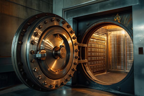 Open bank vault door, revealing a room filled with safety deposit boxes in safe depositary. The metallic and sturdy design of the door highlights security and protection, AI generated