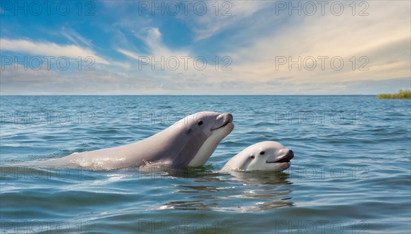 KI generated, animal, animals, mammal, mammals, biotope, habitat, two, female with young, foraging, wildlife, beluga, beluga (Delphinapterus leucas) dolphin, dolphin, pilot whale, Arctic, skin bluish-white, cream-coloured, later white, carnivore, dolphin species, dolphin species