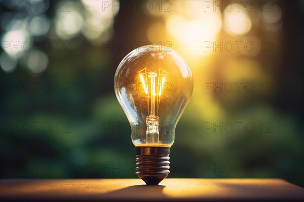 Glowing electric light bulb in nature. KI generiert, generiert AI generated