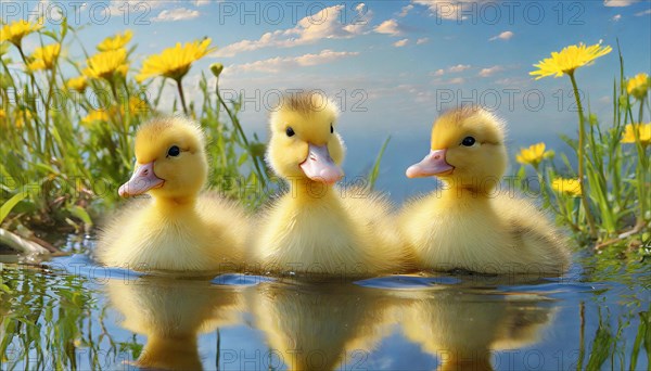 KI generated, animal, animals, bird, birds, biotope, habitat, one, single animal, foraging, wildlife, duck, ducks, domestic duck, female, (Anas platyrhynchos) white, white, yellow ducklings, young animals, animal children, two, three, four, white duck mother with yellow chicks, excursion, water, meadow, grass, spring, summer, flowers, pond, swimming, sitting, farm animal, domestic animal