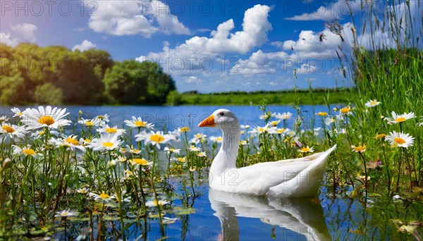 AI generated, animal, animals, bird, birds, biotope, habitat, one, individual, foraging, wildlife, goose, domestic goose, domestic geese, (Anser anser), female, gosling, gosling, yellow gosling, swim, pond, body of water, water, lie, meadow, flowers, summer, two, three, four, pet, domestic animals, farm animal, farm animals